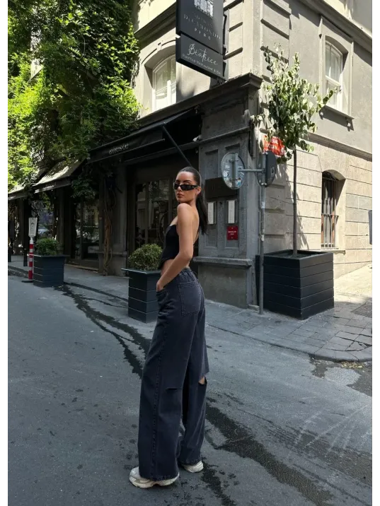 Kadın Arkadan Yırtmaçlı Jeans Kot Palazzo Pantolon - Siyah