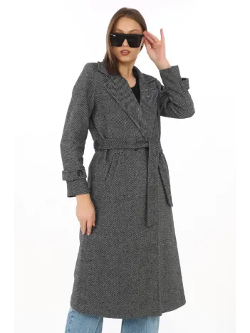 Kadın Balık Sırtı Kaşe Kaban – Uzun Boy Kruvaze Yaka Kuşaklı Astarlı Kışlık Tesettür Kaban, Yünlü Dokuma Kaşmir Kumaş, Cepli Rahat Oversize Kalıp Şık Modern Kaban Mont Modeli (Günlük ve Özel Gün Kombinlerine Uygun) - Füme