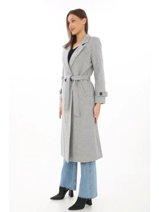 Kadın Astarlı Balık Sırtı Kaşmir Kaşe Kaban - Gri Kadın Astarlı Balık Sırtı Kaşmir Kaşe Kaban - Gri