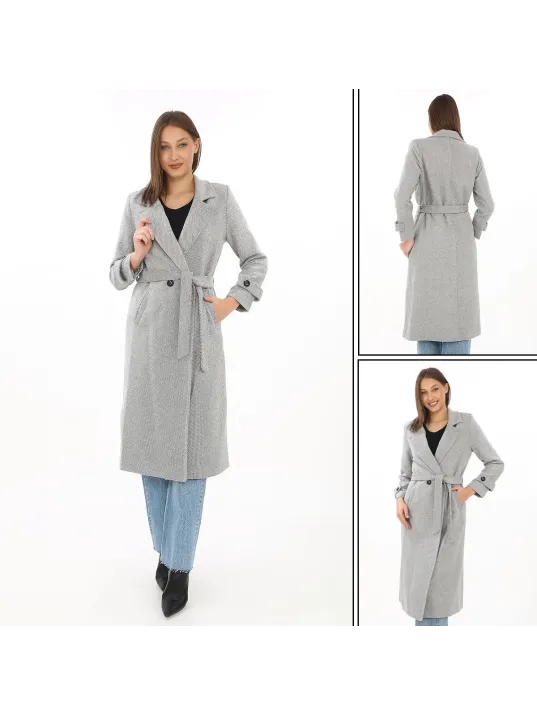 Kadın Astarlı Balık Sırtı Kaşmir Kaşe Kaban - Gri Kadın Astarlı Balık Sırtı Kaşmir Kaşe Kaban - Gri