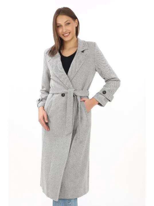 Kadın Astarlı Balık Sırtı Kaşmir Kaşe Kaban - Gri Kadın Astarlı Balık Sırtı Kaşmir Kaşe Kaban - Gri