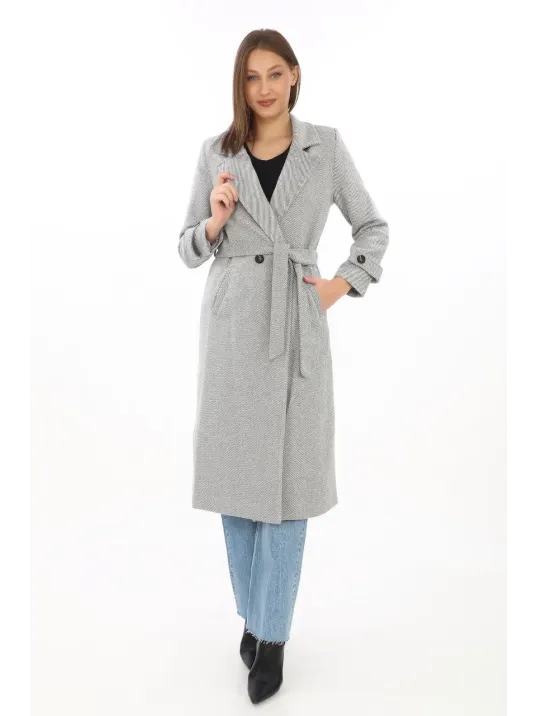 Kadın Astarlı Balık Sırtı Kaşmir Kaşe Kaban - Gri Kadın Astarlı Balık Sırtı Kaşmir Kaşe Kaban - Gri