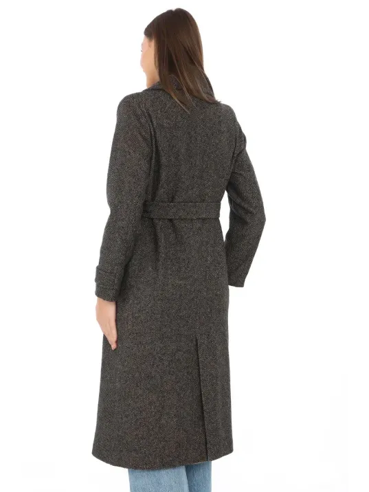 Kadın Astarlı Balık Sırtı Kaşmir Kaşe Kaban - Kahverengi