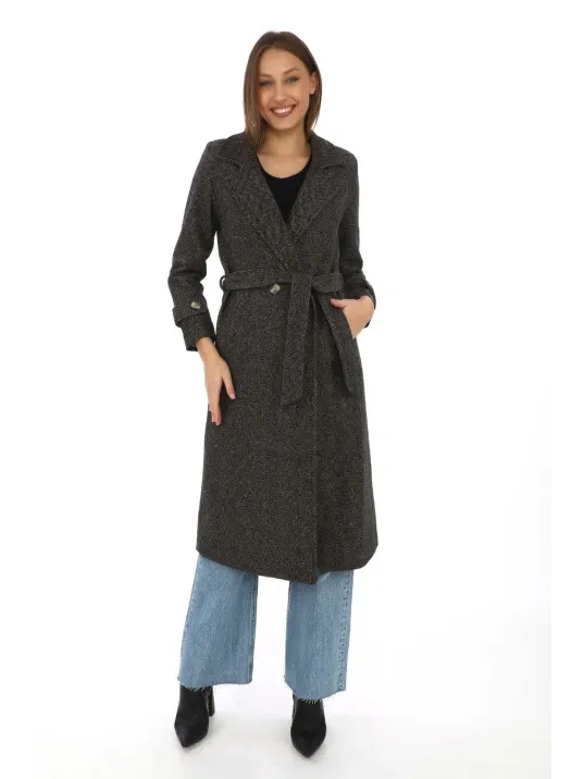 Kadın Astarlı Balık Sırtı Kaşmir Kaşe Kaban - Kahverengi