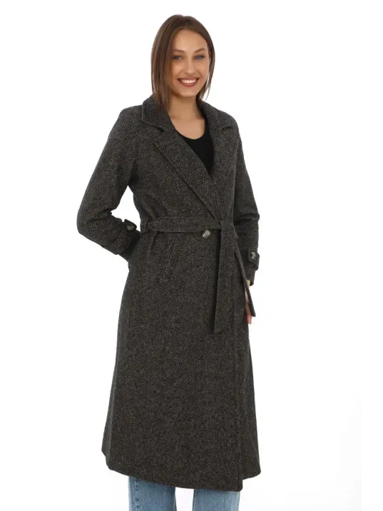 Kadın Astarlı Balık Sırtı Kaşmir Kaşe Kaban - Kahverengi