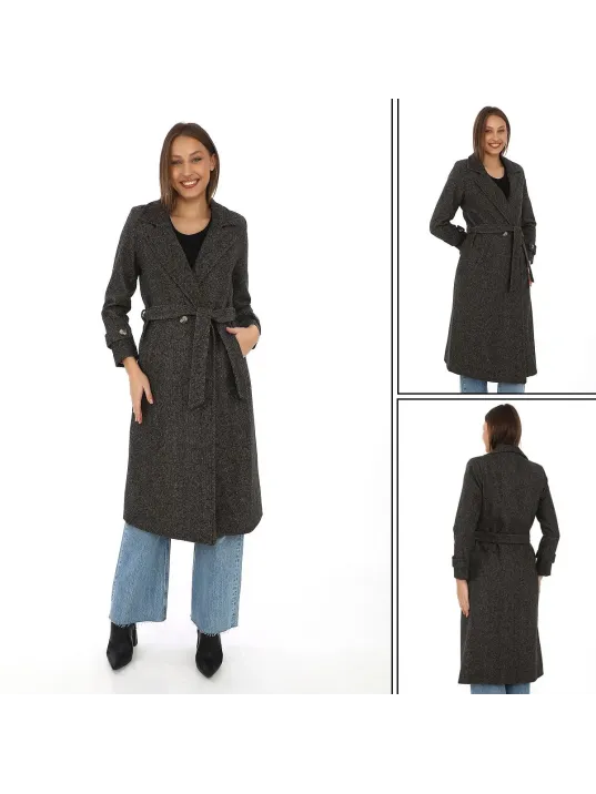 Kadın Astarlı Balık Sırtı Kaşmir Kaşe Kaban - Kahverengi