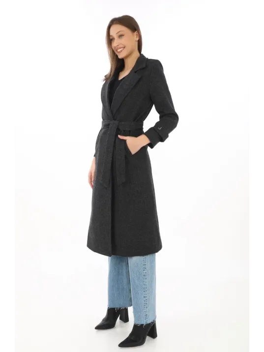 Kadın Astarlı Balık Sırtı Kaşmir Kaşe Kaban - Siyah Kadın Astarlı Balık Sırtı Kaşmir Kaşe Kaban - Siyah