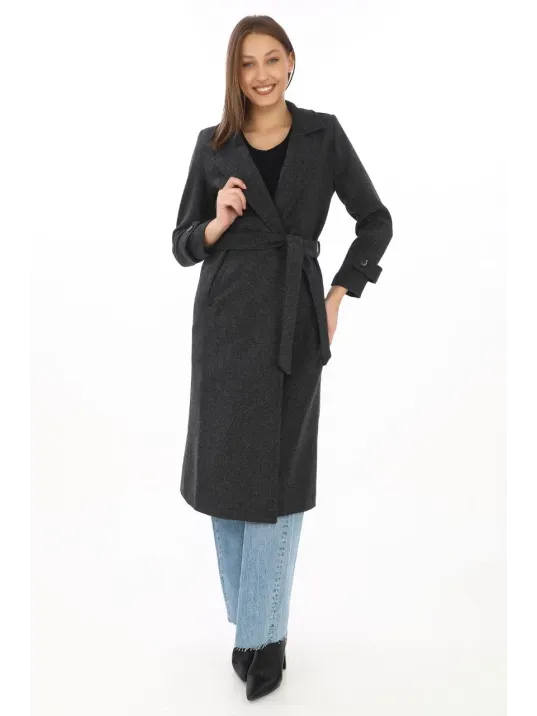 Kadın Astarlı Balık Sırtı Kaşmir Kaşe Kaban - Siyah Kadın Astarlı Balık Sırtı Kaşmir Kaşe Kaban - Siyah