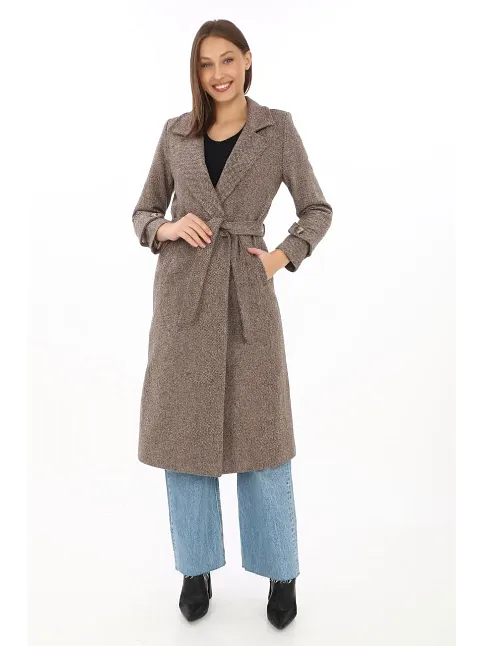 Kadın Balık Sırtı Kaşe Kaban Uzun Boy Kruvaze Yaka Kuşaklı Astarlı Tesettür Kaban - Vizon