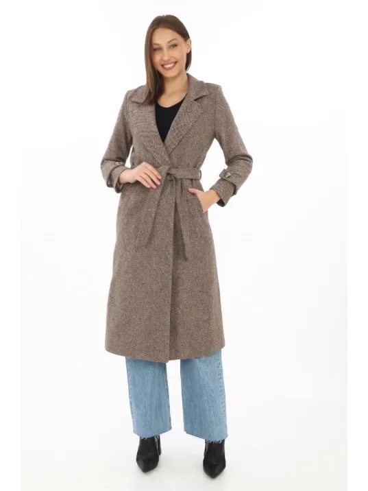 Kadın Astarlı Balık Sırtı Kaşmir Kaşe Kaban - Vizon