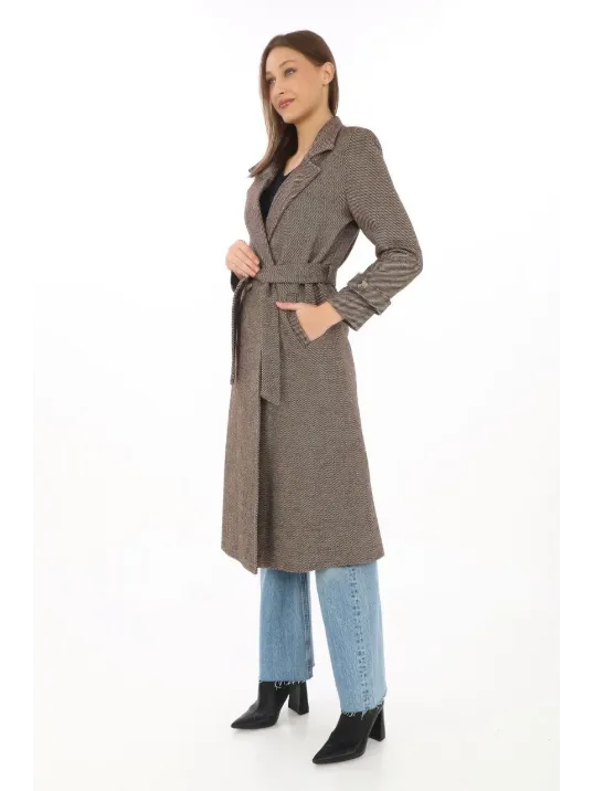 Kadın Astarlı Balık Sırtı Kaşmir Kaşe Kaban - Vizon Kadın Astarlı Balık Sırtı Kaşmir Kaşe Kaban - Vizon