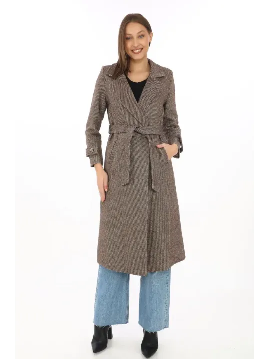 Kadın Astarlı Balık Sırtı Kaşmir Kaşe Kaban - Vizon