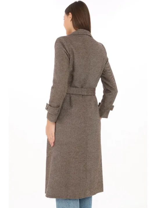 Kadın Astarlı Balık Sırtı Kaşmir Kaşe Kaban - Vizon