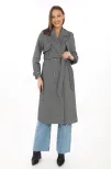 Kadın Uzun Kaşe Kaban – Balık Sırtı Dokuma Kaşmir Kumaş, Kruvaze Yaka, Kuşaklı Cepli Model, Oversize Rahat Kalıp - Boyalı Gri
