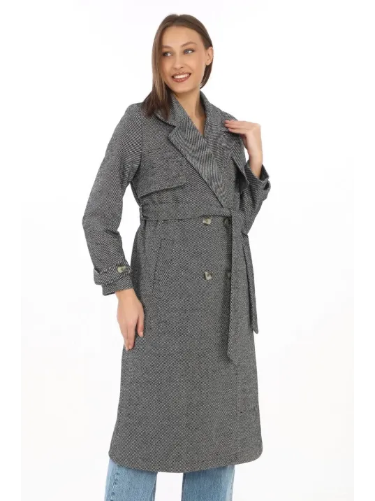 Kadın Balık Sırtı Kaşmir Uzun Kaşe Kaban - Füme