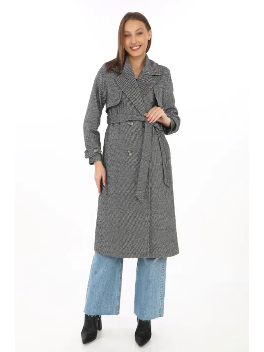 Kadın Balık Sırtı Kaşmir Uzun Kaşe Kaban - Füme