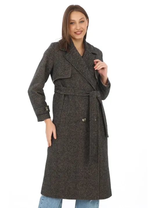 Kadın Balık Sırtı Kaşmir Uzun Kaşe Kaban - Kahverengi