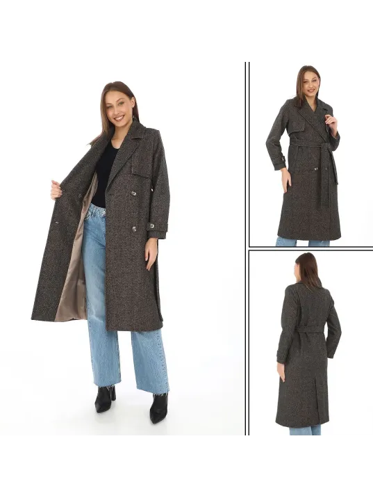 Kadın Balık Sırtı Kaşmir Uzun Kaşe Kaban - Kahverengi