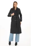 Premium Kadın Kaşe Kaban Uzun Boy, Balık Sırtı Yünlü Kaşmir Dokuma, Kruvaze Kuşaklı Astarlı - Siyah