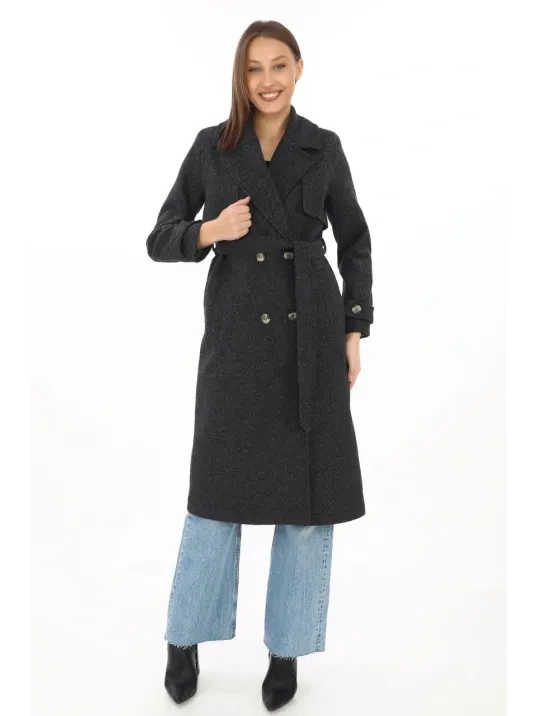 Premium Kadın Kaşe Kaban Uzun Boy, Balık Sırtı Yünlü Kaşmir Dokuma, Kruvaze Kuşaklı Astarlı - Siyah Premium Kadın Kaşe Kaban Uzun Boy, Balık Sırtı Yünlü Kaşmir Dokuma, Kruvaze Kuşaklı Astarlı - Siyah