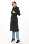 Premium Kadın Kaşe Kaban Uzun Boy, Balık Sırtı Yünlü Kaşmir Dokuma, Kruvaze Kuşaklı Astarlı - Siyah