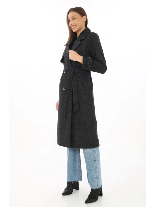 Premium Kadın Kaşe Kaban Uzun Boy, Balık Sırtı Yünlü Kaşmir Dokuma, Kruvaze Kuşaklı Astarlı - Siyah Premium Kadın Kaşe Kaban Uzun Boy, Balık Sırtı Yünlü Kaşmir Dokuma, Kruvaze Kuşaklı Astarlı - Siyah