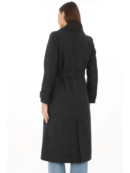 Premium Kadın Kaşe Kaban Uzun Boy, Balık Sırtı Yünlü Kaşmir Dokuma, Kruvaze Kuşaklı Astarlı - Siyah Premium Kadın Kaşe Kaban Uzun Boy, Balık Sırtı Yünlü Kaşmir Dokuma, Kruvaze Kuşaklı Astarlı - Siyah