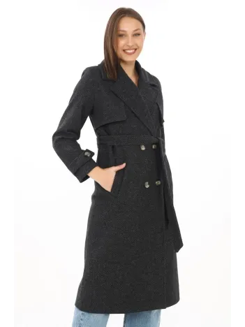 Premium Kadın Kaşe Kaban Uzun Boy, Balık Sırtı Yünlü Kaşmir Dokuma, Kruvaze Kuşaklı Astarlı - Siyah