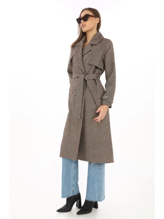 Kadın Balık Sırtı Kaşmir Uzun Kaşe Kaban - Vizon Kadın Balık Sırtı Kaşmir Uzun Kaşe Kaban - Vizon