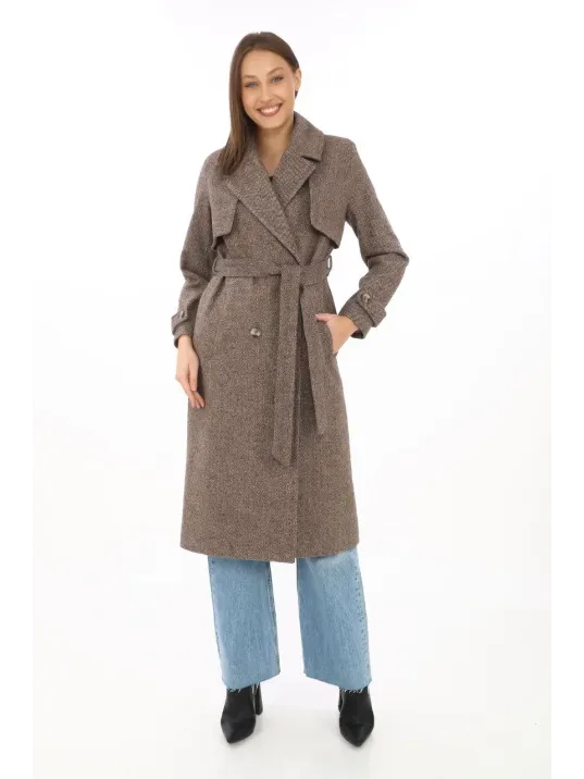 Kadın Balık Sırtı Kaşmir Uzun Kaşe Kaban - Vizon Kadın Balık Sırtı Kaşmir Uzun Kaşe Kaban - Vizon