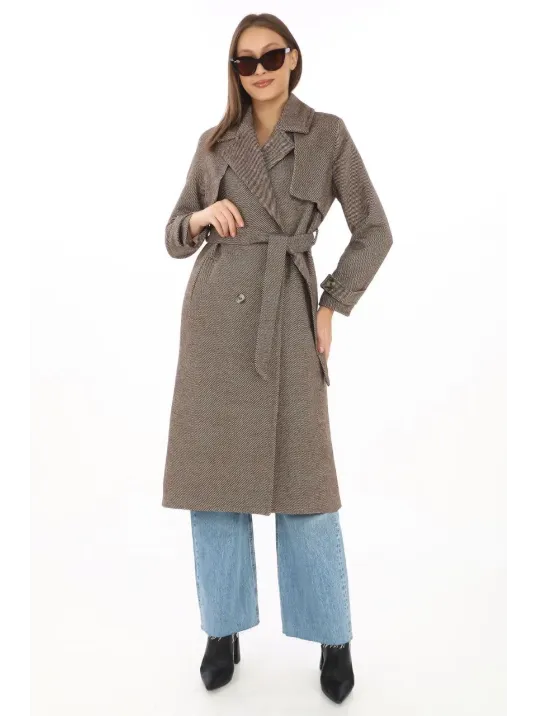 Kadın Balık Sırtı Kaşmir Uzun Kaşe Kaban - Vizon Kadın Balık Sırtı Kaşmir Uzun Kaşe Kaban - Vizon