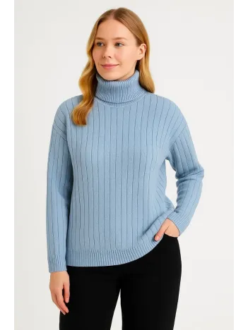 Kadın Balıkcı Yaka Bağazlı Triko Kazak Pamuklu Kalın Fitilli Dokuma - Bebek Mavisi