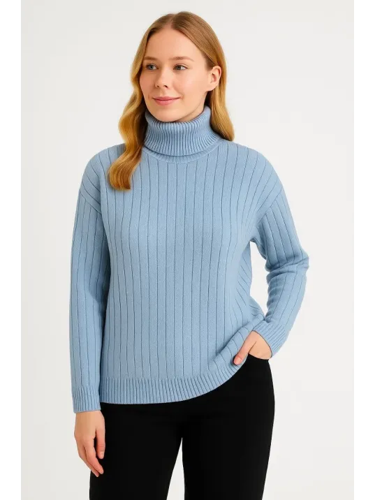 Kadın Balıkcı Yaka Bağazlı Triko Kazak Pamuklu Kalın Fitilli Dokuma - Bebek Mavisi