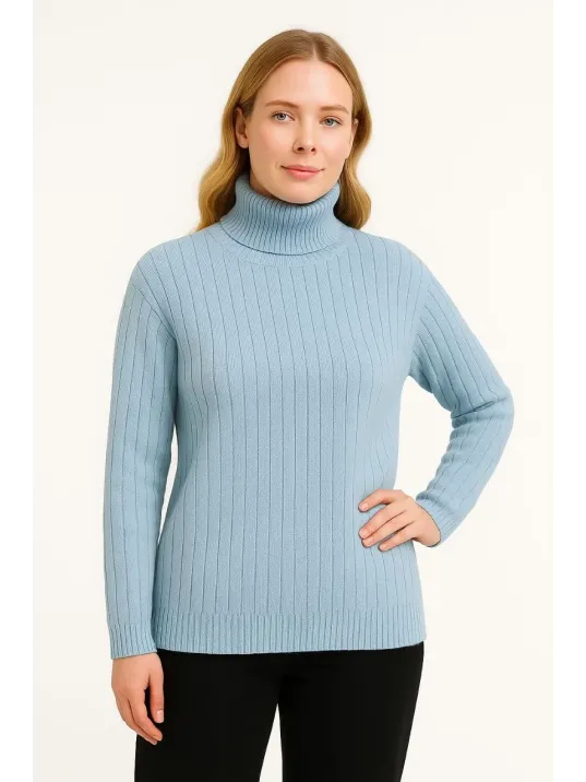 Kadın Balıkcı Yaka Bağazlı Triko Kazak Pamuklu Kalın Fitilli Dokuma - Bebek Mavisi