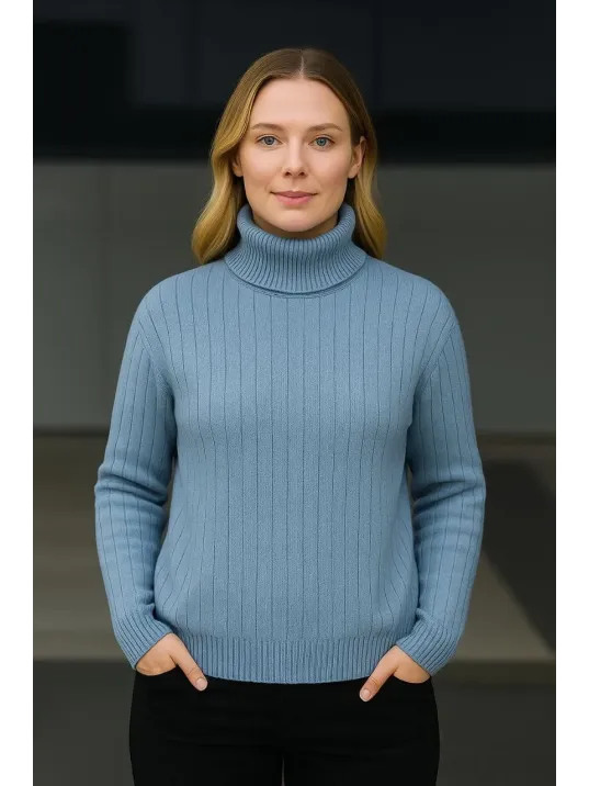 Kadın Balıkcı Yaka Bağazlı Triko Kazak Pamuklu Kalın Fitilli Dokuma - Bebek Mavisi
