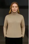 Kadın Balıkcı Yaka Bağazlı Triko Kazak Pamuklu Kalın Fitilli Dokuma - Bej