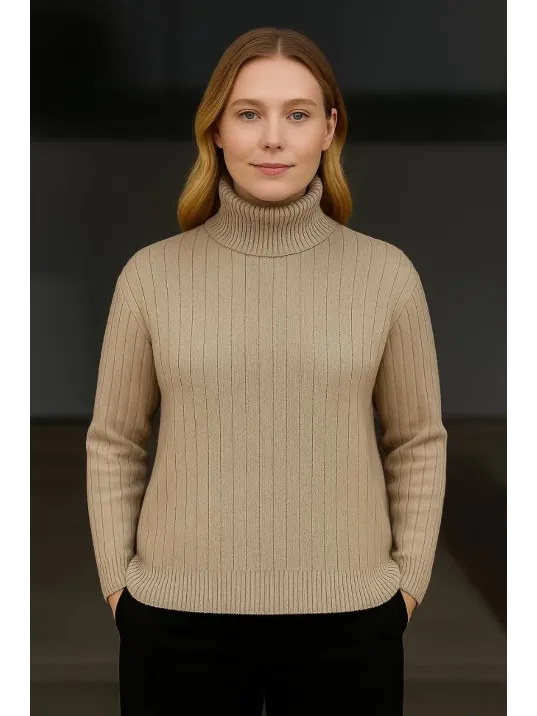 Kadın Balıkcı Yaka Bağazlı Triko Kazak Pamuklu Kalın Fitilli Dokuma - Bej