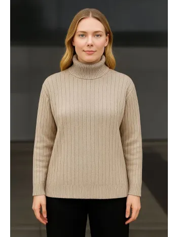 Kadın Balıkcı Yaka Bağazlı Triko Kazak Pamuklu Kalın Fitilli Dokuma - Bej Kadın Balıkcı Yaka Bağazlı Triko Kazak Pamuklu Kalın Fitilli Dokuma - Bej