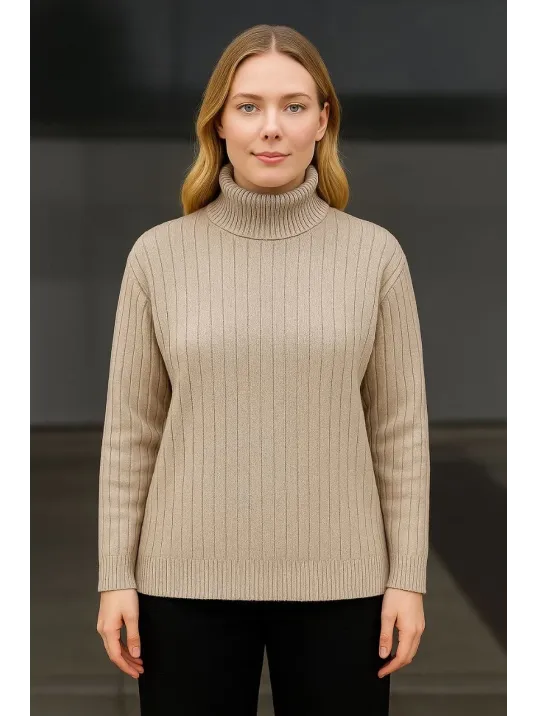 Kadın Balıkcı Yaka Bağazlı Triko Kazak Pamuklu Kalın Fitilli Dokuma - Bej