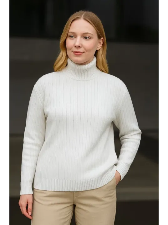 Kadın Balıkcı Yaka Bağazlı Triko Kazak Pamuklu Kalın Fitilli Dokuma - Beyaz