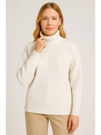 Kadın Balıkcı Yaka Bağazlı Triko Kazak Pamuklu Kalın Fitilli Dokuma - Beyaz
