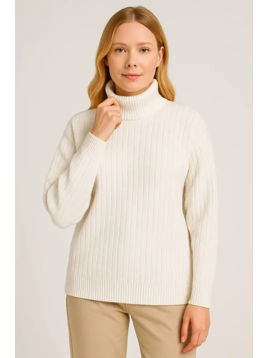 Kadın Balıkcı Yaka Bağazlı Triko Kazak Pamuklu Kalın Fitilli Dokuma - Beyaz