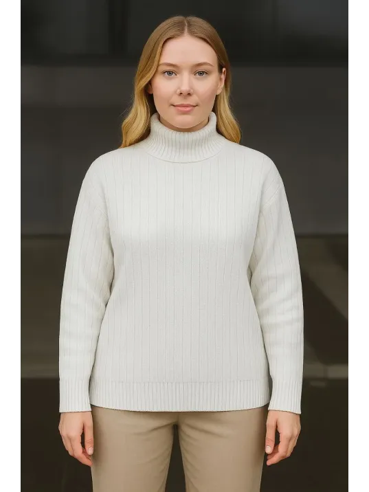 Kadın Balıkcı Yaka Bağazlı Triko Kazak Pamuklu Kalın Fitilli Dokuma - Beyaz