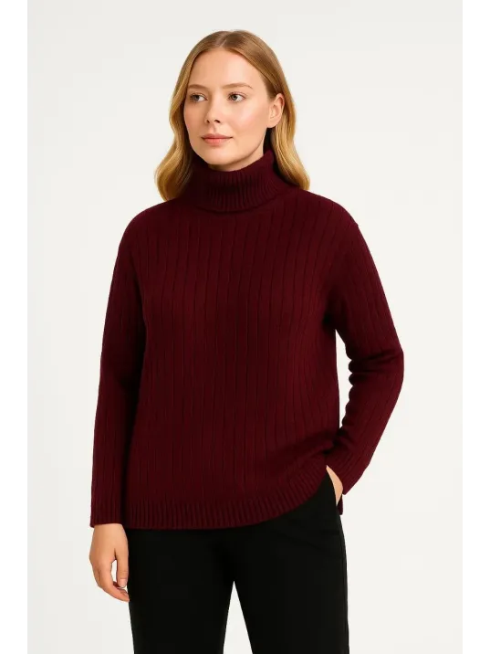 Kadın Balıkcı Yaka Bağazlı Triko Kazak Pamuklu Kalın Fitilli Dokuma - Bordo Kadın Balıkcı Yaka Bağazlı Triko Kazak Pamuklu Kalın Fitilli Dokuma - Bordo
