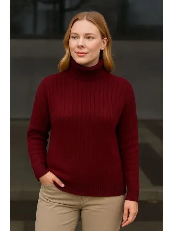 Kadın Balıkcı Yaka Bağazlı Triko Kazak Pamuklu Kalın Fitilli Dokuma - Bordo