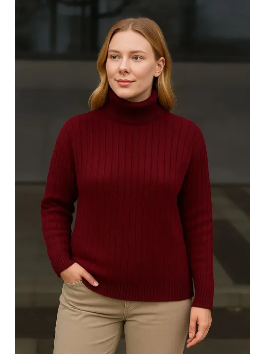 Kadın Balıkcı Yaka Bağazlı Triko Kazak Pamuklu Kalın Fitilli Dokuma - Bordo Kadın Balıkcı Yaka Bağazlı Triko Kazak Pamuklu Kalın Fitilli Dokuma - Bordo