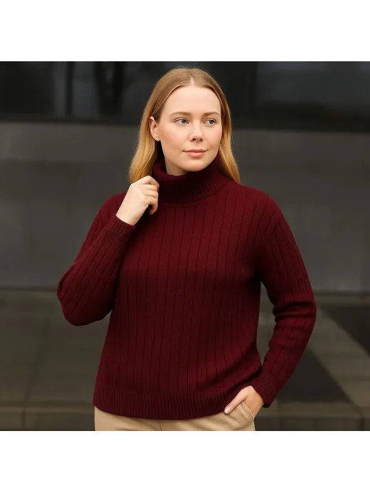 Kadın Balıkcı Yaka Bağazlı Triko Kazak Pamuklu Kalın Fitilli Dokuma - Bordo Kadın Balıkcı Yaka Bağazlı Triko Kazak Pamuklu Kalın Fitilli Dokuma - Bordo