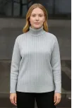 Kadın Balıkcı Yaka Bağazlı Triko Kazak Pamuklu Kalın Fitilli Dokuma - Gri