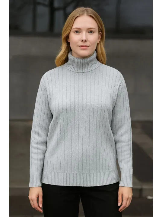 Kadın Balıkcı Yaka Bağazlı Triko Kazak Pamuklu Kalın Fitilli Dokuma - Gri
