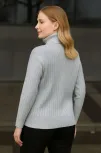 Kadın Balıkcı Yaka Bağazlı Triko Kazak Pamuklu Kalın Fitilli Dokuma - Gri